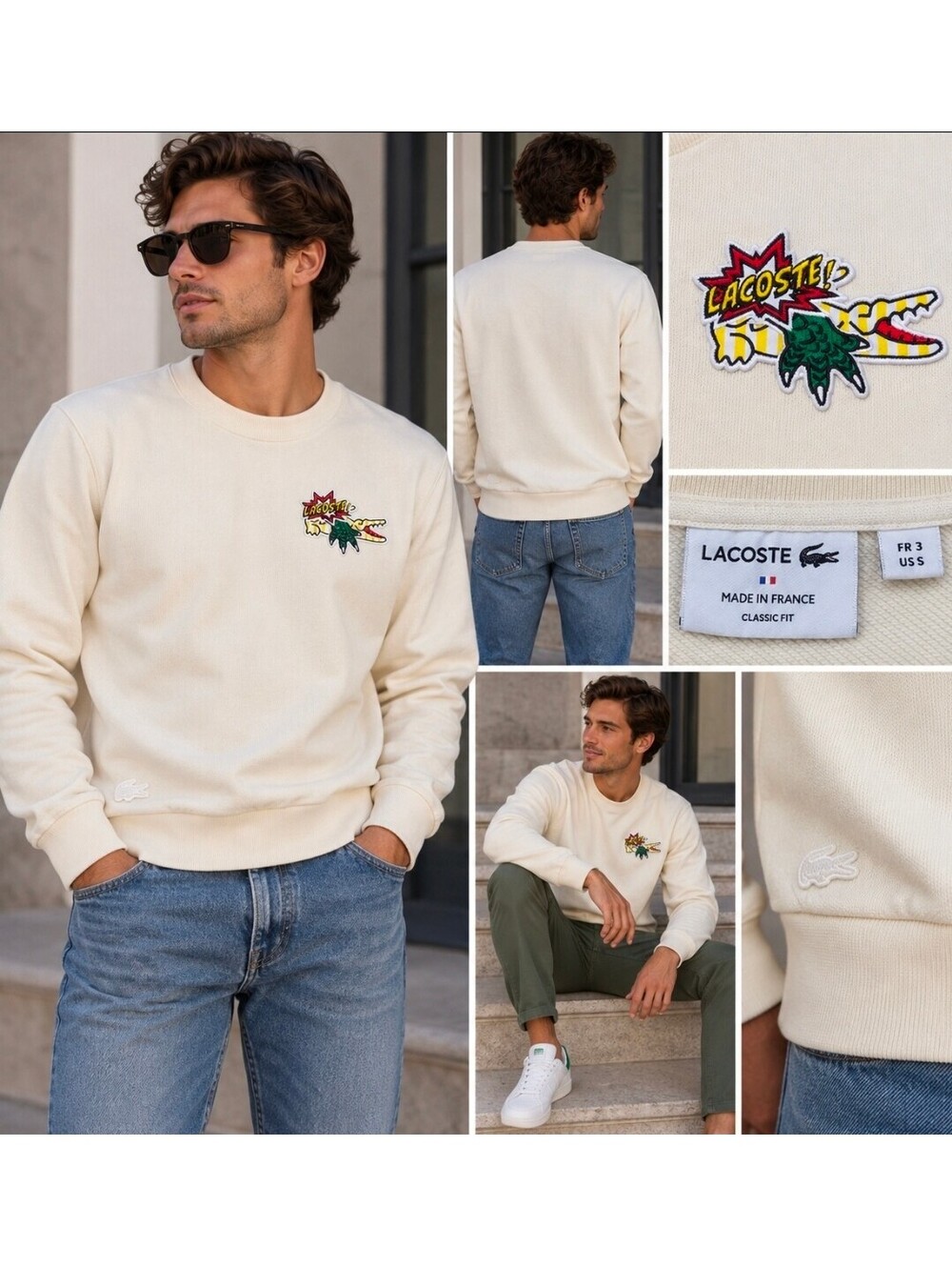 Lacoste Made in France Pop Art Crocodile Sweatshirt Cream Mens Small 100% Cotton